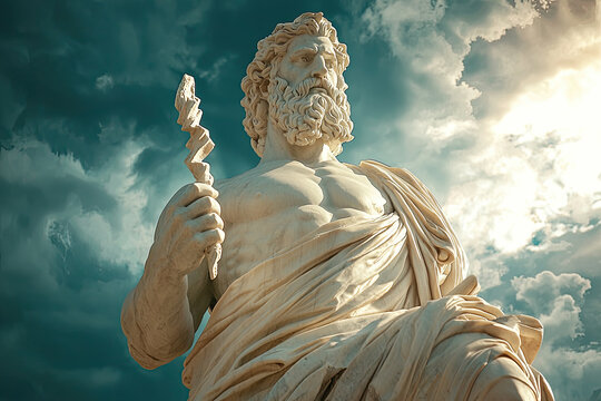 Zeus, King of the Gods, Stands Tall, Lightning Bolt in Hand, Against a Dramatic Sky of Clouds.