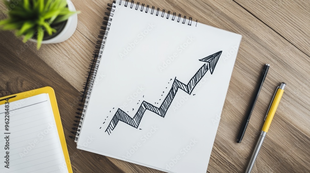 Poster notepad with an arrow graph symbolizing business growth on a wooden desk. planning and strategy in a