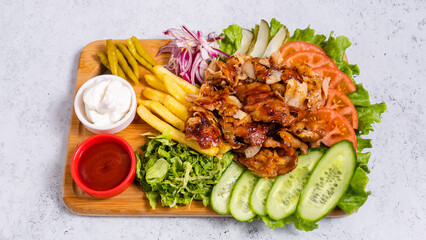 Delicious porion doner kebab with fries and vegetables