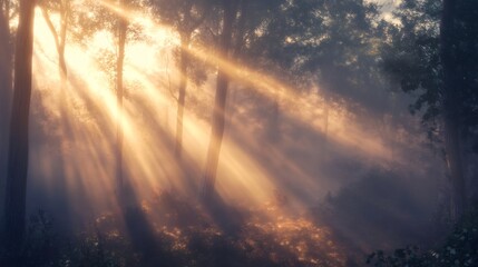 Obraz premium Golden rays of sunlight pierce through the fog in a misty forest, creating a magical atmosphere.