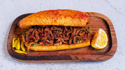 Delicious doner kebab on wooden tray