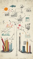 Fototapeta premium Hand-drawn business sketch with pencils and graphs depicting business strategy, financial planning, and growth.