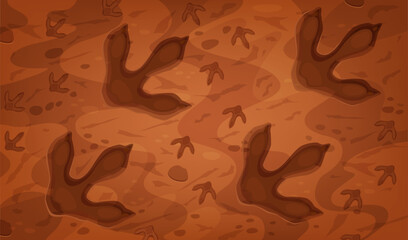 Dinosaur fossil footprints of prehistoric era. Cartoon vector background with ancient dino reptile animal paw prints, trail impression on ground. Jurassic era archaeological and paleontology finds