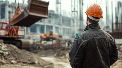 Fototapeta premium A construction worker in a hard hat operating a crane at a busy building site, copy space 