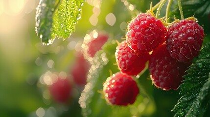   Raspberries hanging on tree with water drops & green leaf in fg