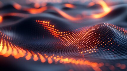 Fototapeta premium Abstract Technology Background with Orange Glowing Lights and Dark Grid Pattern