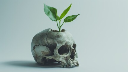 A human skull with a green plant sprouting through the top, symbolizing the cycle of life and death. The image juxtaposes decay with new growth, creating a striking visual metaphor.