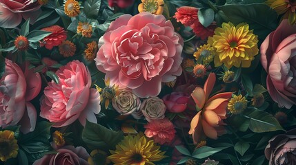 Fototapeta premium An exquisitely detailed bouquet of flowers, styled as vintage floral wallpaper, with pink peonies, red roses, yellow daisies, and green leaves. 