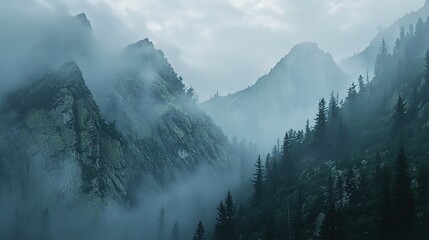  A mountainous scene shrouded in mist, featuring pines in the foreground and a hazy sky above