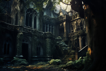 Abandoned Gothic Mansion, dark fantasy, overgrown, mystical atmosphere, enchanting view