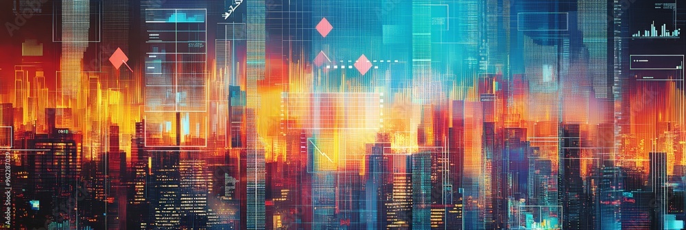 Poster abstract cityscape with upward arrows symbolizing financial growth and economic success, combined wi
