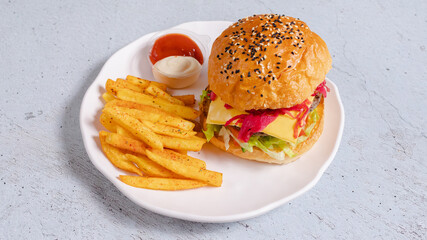 Delicious burger and French fries