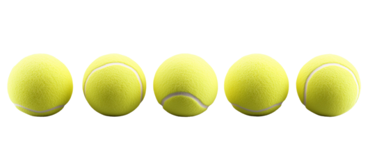 Yellow tennis balls, arranged in two rows against a transparent, isolated background