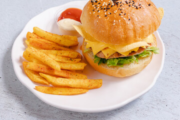 Delicious burger and French fries