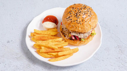 Delicious burger and French fries