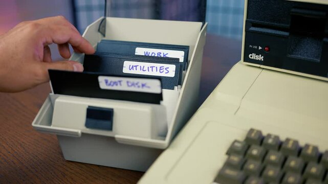 A user flips through his floppy disk caddy and locates the SPYWARE disk. Vintage computer user concept.  	