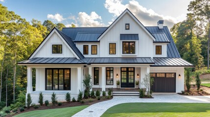 farmhouse architecture, a blend of classic and modern styles in this farmhouses exterior design, with white siding and dark accents for a timeless aesthetic