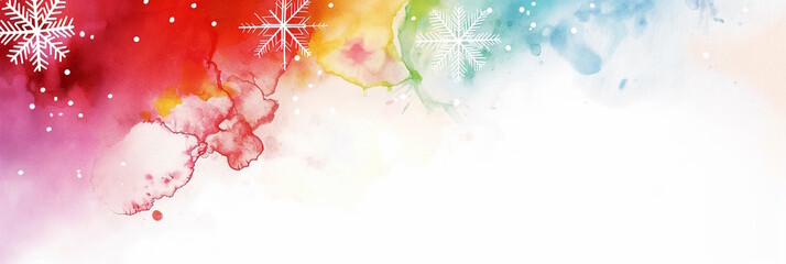 Obraz premium Abstract watercolor design with snowflakes and splashes of red, green, and blue, evoking winter magic and the holiday season. Perfect for Christmas-themed cards, invitations, or seasonal designs
