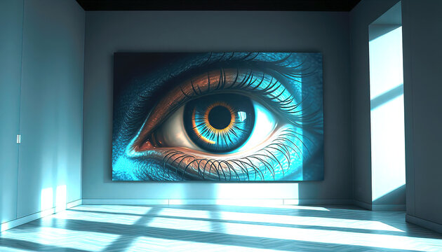 Une grande peinture d&eacute;taill&eacute;e repr&eacute;sentant un oeil expos&eacute;e dans une pi&egrave;ce minimaliste.