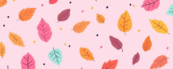 Autumn leaves pattern on a pastel pink background, featuring vibrant orange, red, and teal leaf illustrations scattered across the image