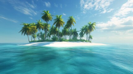 Lush tropical island with palm trees on white sand beach surrounded by turquoise blue ocean water under a bright blue sky with white clouds.