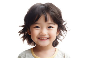 Young asian girl smiling on transparent background. PNG cut out. Vector. Childhood themes. Asian girl. China girl. Japan girl. Asian country. Image for graphic designer. Image for flyers.