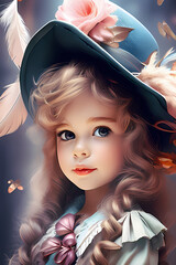 portrait of a girl child wearing hat with feather, illustration wallpaper 