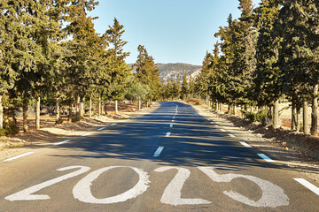 New Year Goals Concept : Empty asphalt road sunset and Happy New Year 2025 in Algeria