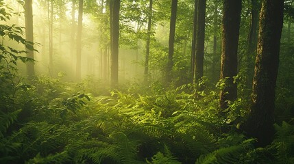 Obraz premium Sunlight filters through tall trees, casting dappled shadows on a forest floor covered in lush ferns