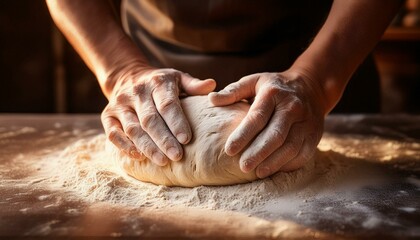 Fototapeta premium Artisan Baker's Hands Kneading Dough, Flour Dust, Warm Light
