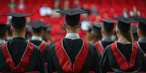 Graduation ceremony at a university with students in caps and gowns seated in red auditorium