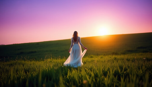 Une sc&egrave;ne sereine mettant en sc&egrave;ne une femme dans une robe fluide blanche, marchant dans une prairie au coucher du soleil. Le ciel est teint&eacute; de violet, de rose et d'orange, &eacute;voquant un sentiment de c