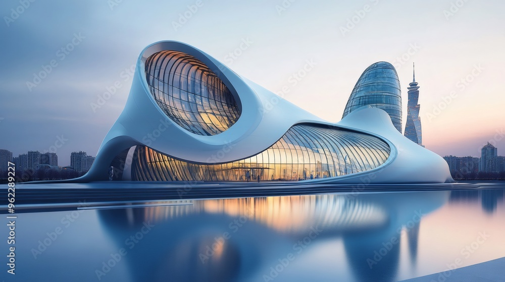 Poster modern architectural design with a reflection of the building on the water.