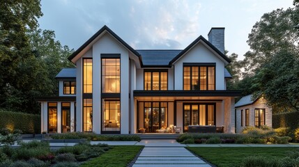 modern farmhouse design, this modern farmhouse exterior boasts a chic and stylish look with symmetrical facade and tall windows, providing a welcoming and bright ambiance