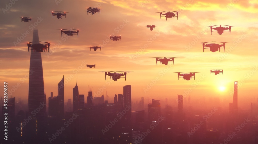 Poster multiple drones flying in the sky over a futuristic cityscape with the sun setting behind it.