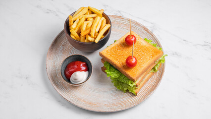 Toasted club sandwich and fries
