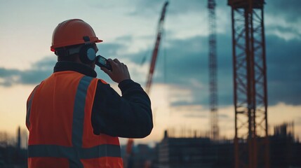Obraz premium onstruction worker in a hard hat operating a crane at a busy building site, copy space 