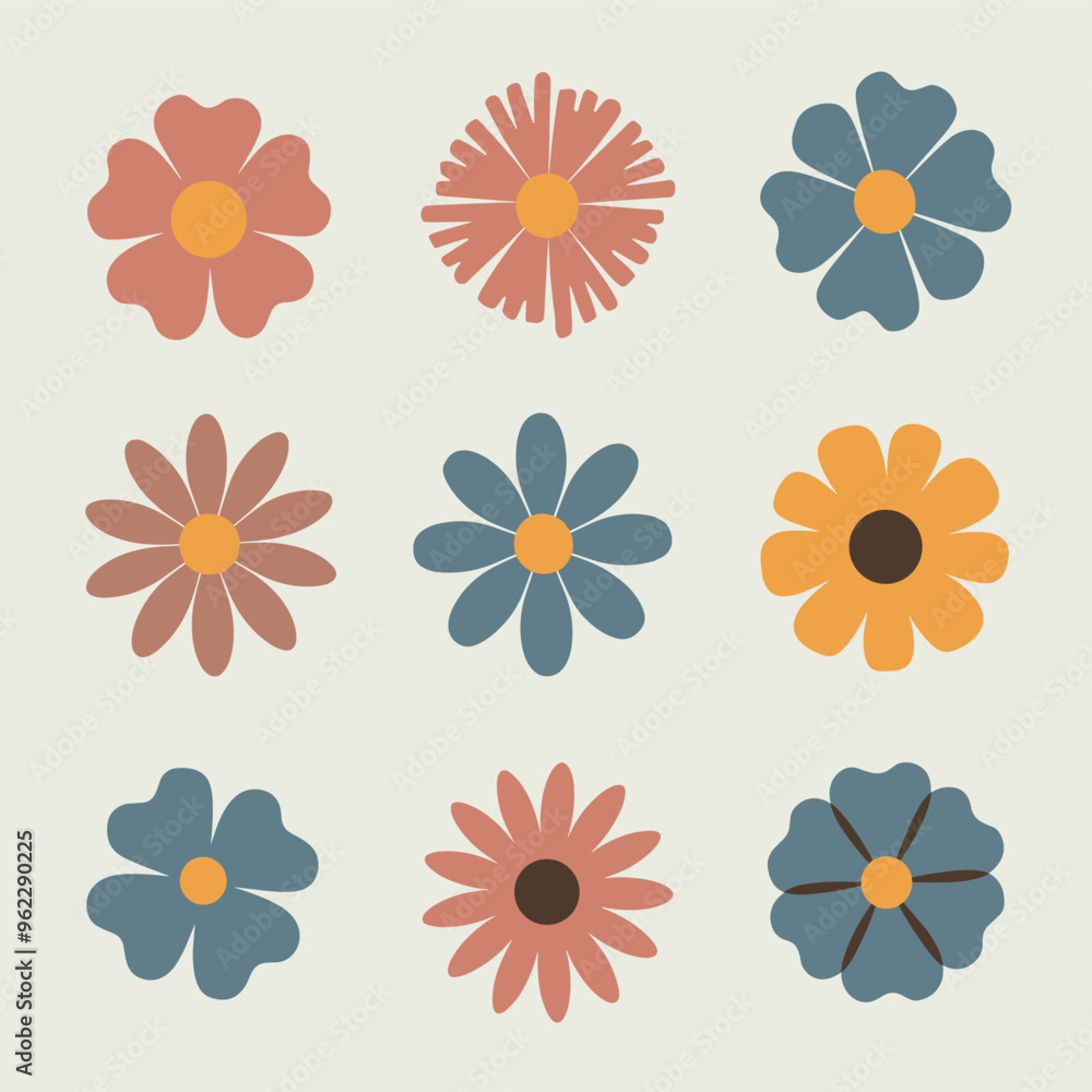 Poster a grid of colorful flowers in a symmetrical pattern on a light background, radiating a retro aesthet