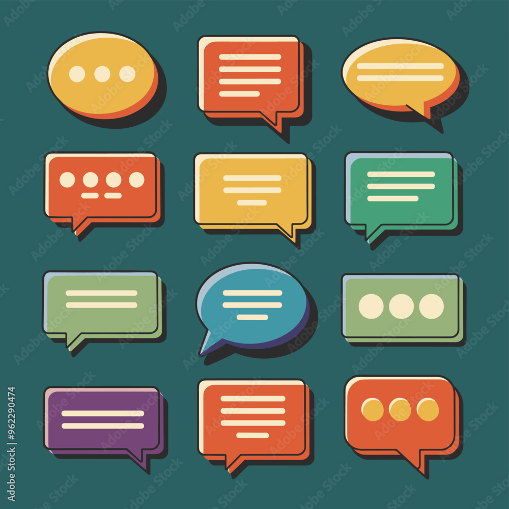 Poster colorful speech bubbles on a dark green background representing communication and dialogue in a vari