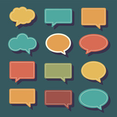 Colorful speech and thought bubbles in various shapes on a dark green background.