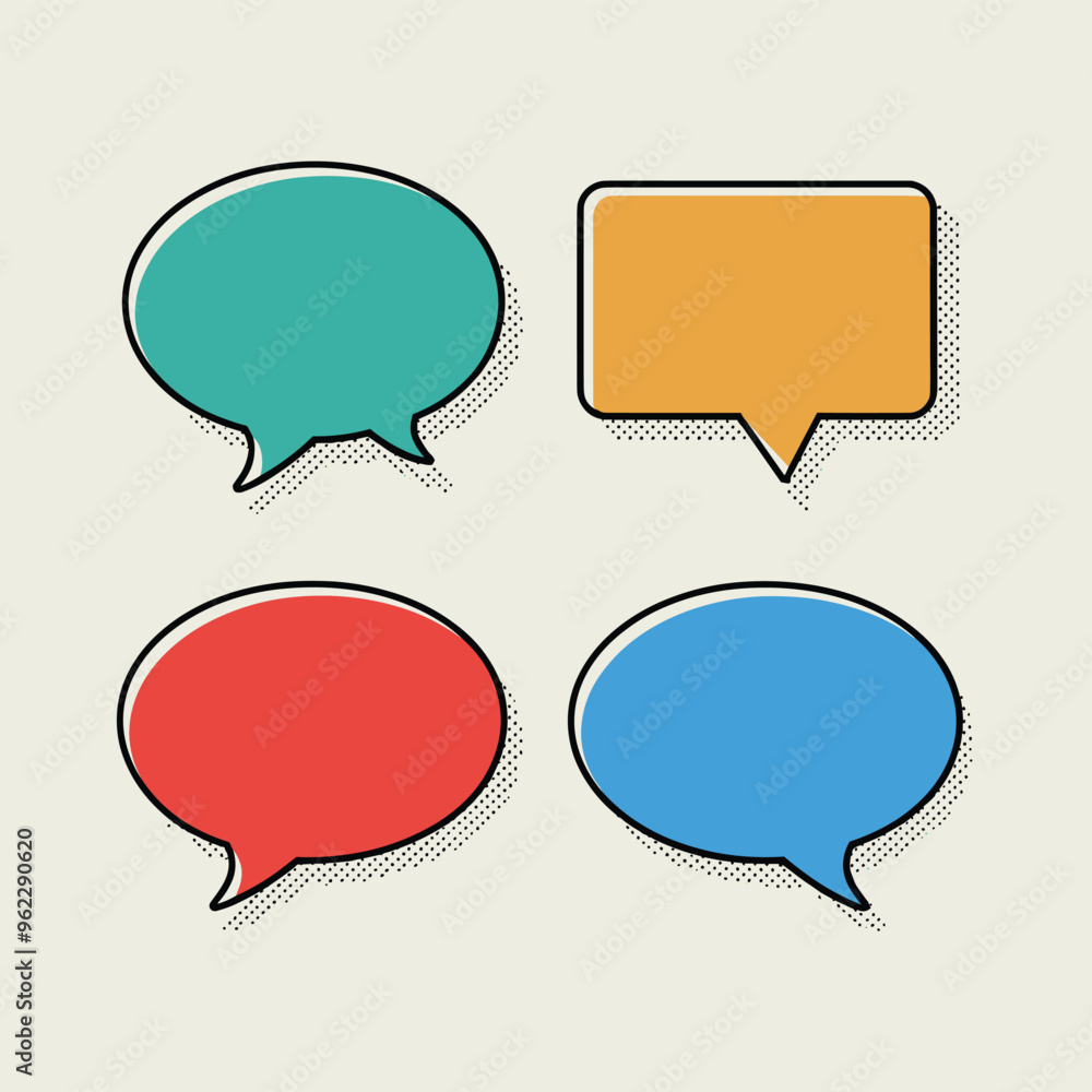 Poster four colorful speech bubbles in comic style on a light background, representing various forms of com