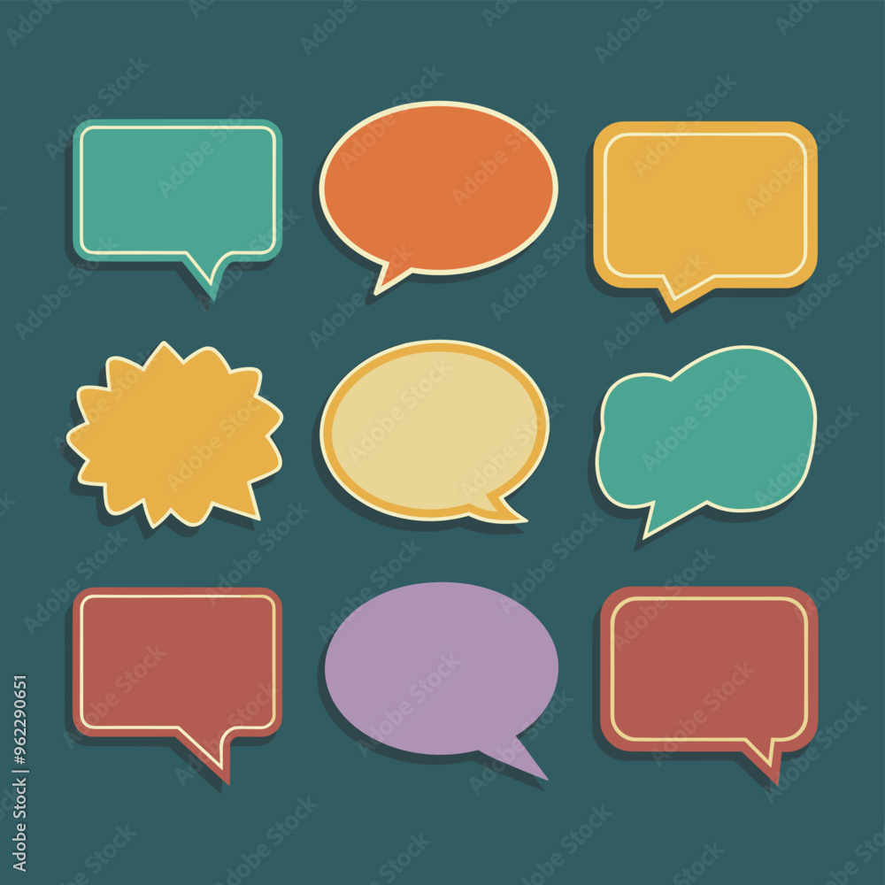 Aufkleber a collection of colorful speech bubbles in various shapes on a teal background.