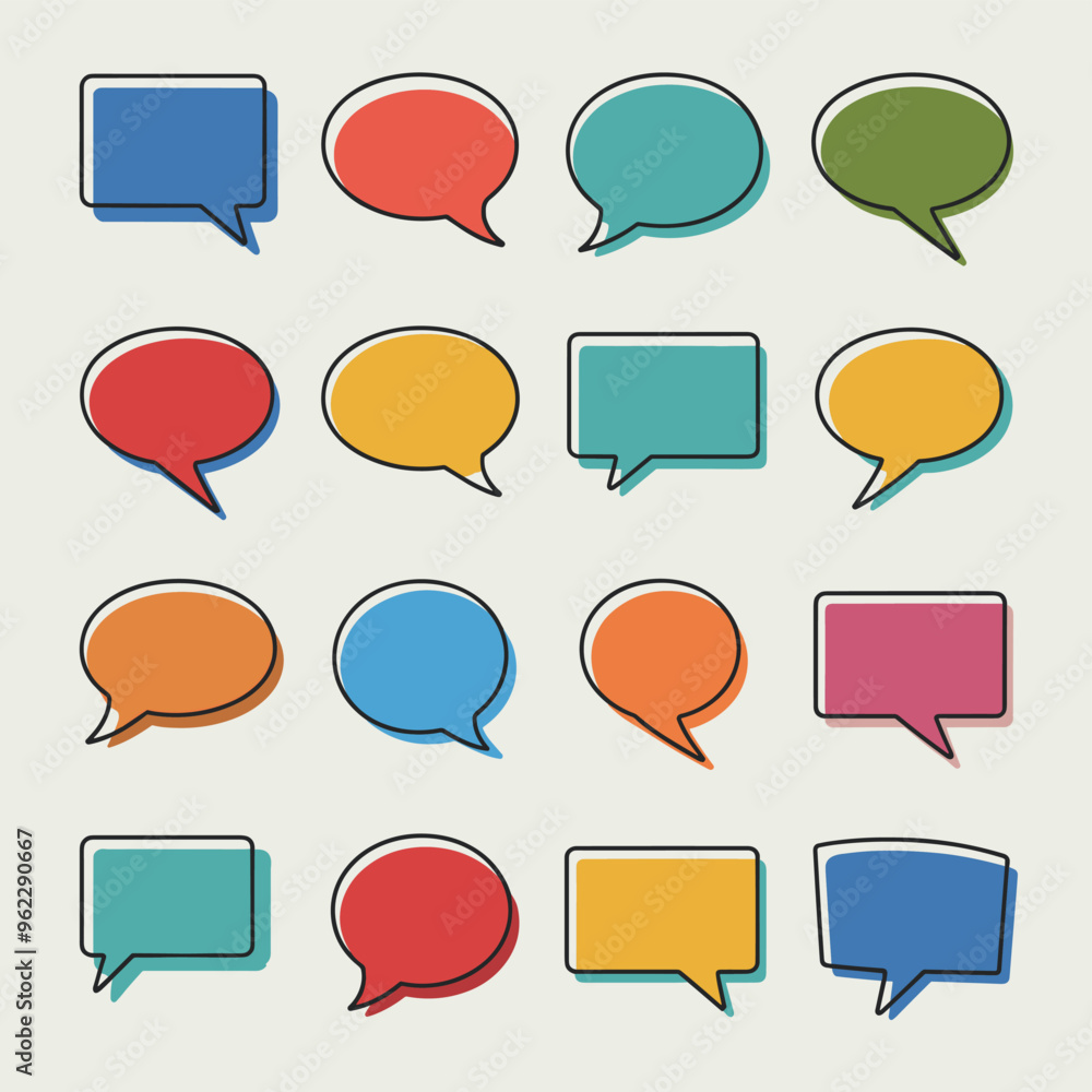 Poster colorful speech bubbles of various shapes and sizes arranged in a grid on a white background.