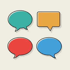 Four colorful speech bubbles in comic style on a light background, representing various forms of communication.