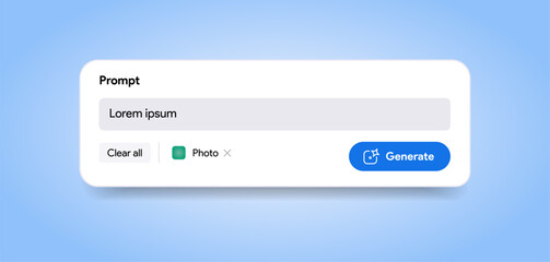 Generate AI content placeholder. LLM assistant interface. Prompt input field. Artificial intelligence submit button. Large language model app chat. Text and image generator tool. Vector illustration