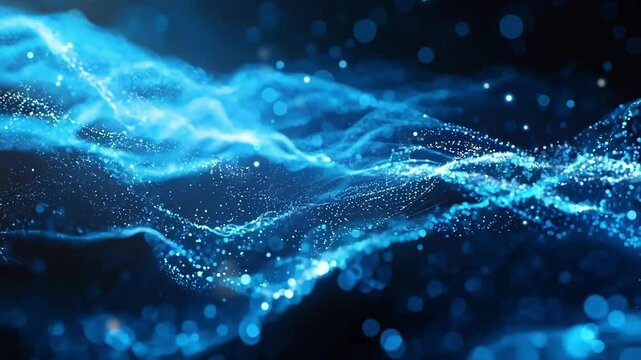 Blue particles flowing on dark background symbolize data transmission and cryptocurrency. Ideal for tech and business projects