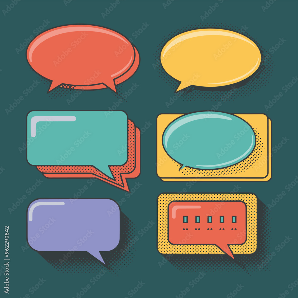 Poster various colorful speech bubbles with retro design elements on a dark teal background.