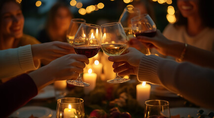 Slats personalizados para cozinha com sua foto Friends toasting wine glasses at a cozy Christmas dinner with festive lighting

