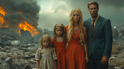 Heartbroken Family in Desolate Nuclear Wasteland, Surreal Post-Apocalyptic Scene with Devastation and Emotional Despair