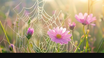 Delicate Spider Web with Dewdrops and Pink Flowers